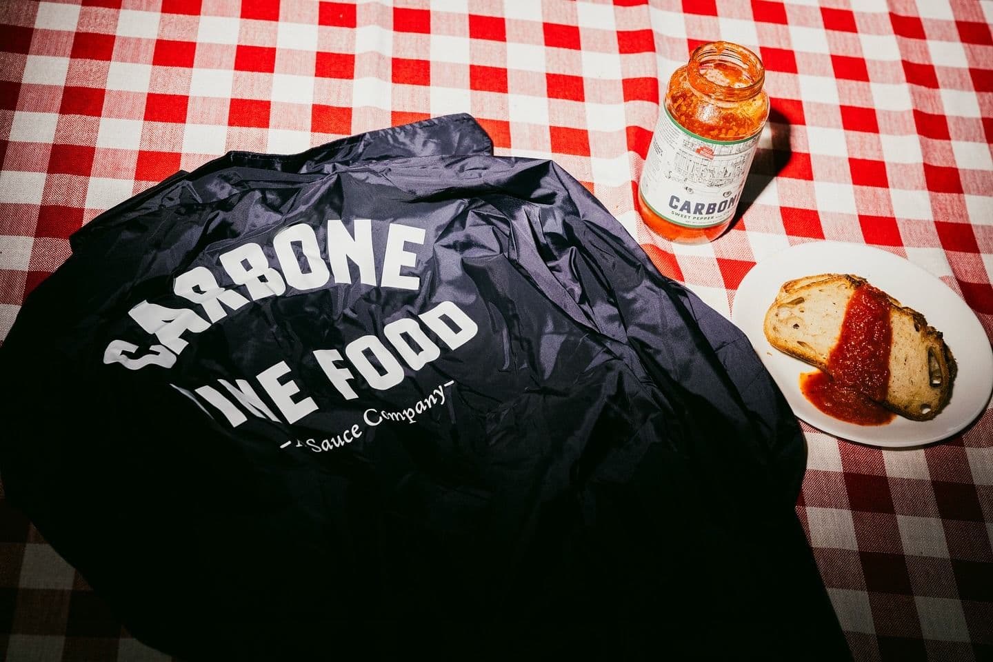 Jacket and sauce on a table